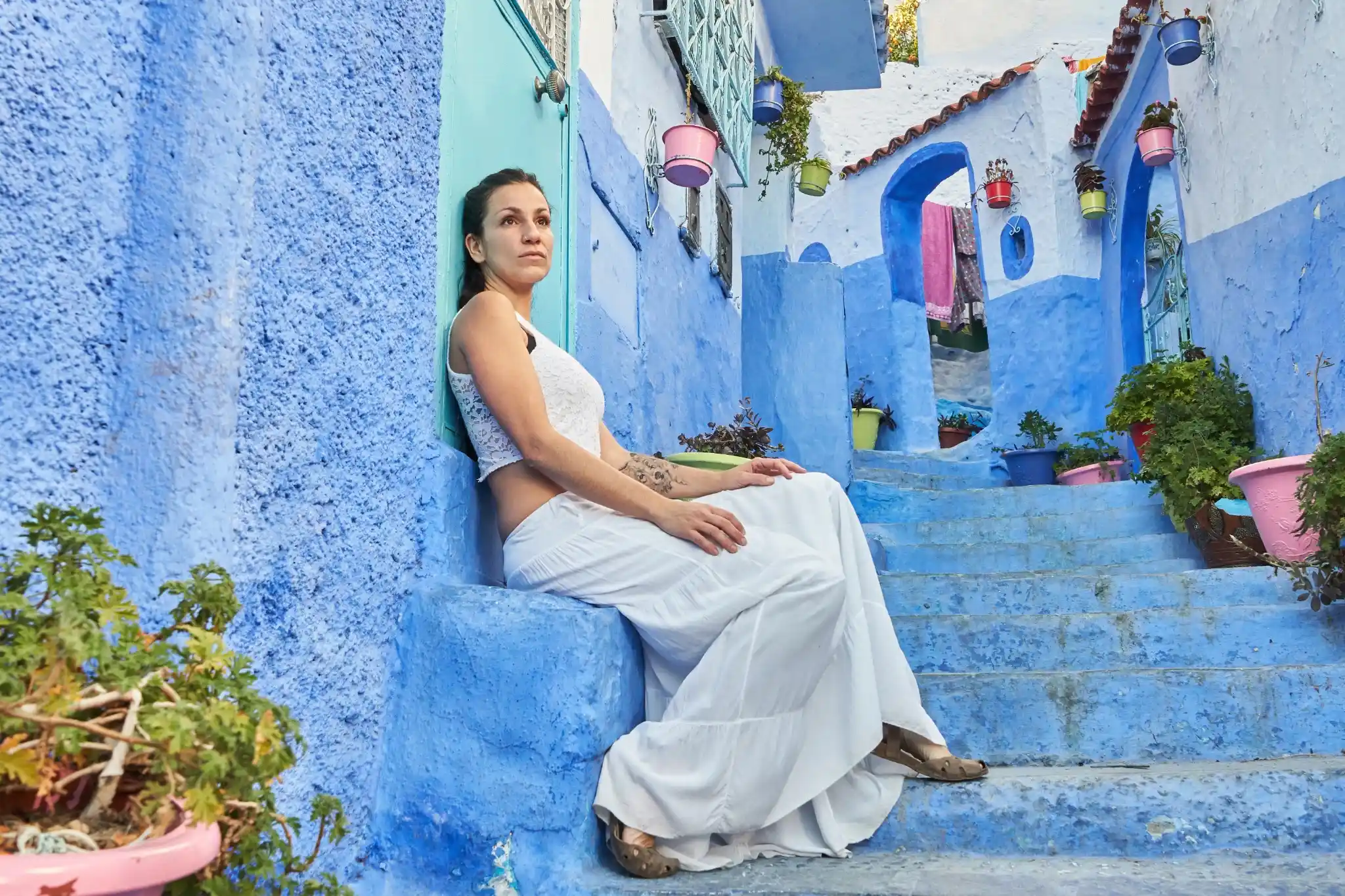 Blue-painted streets and staircases in Chefchaouen, Morocco