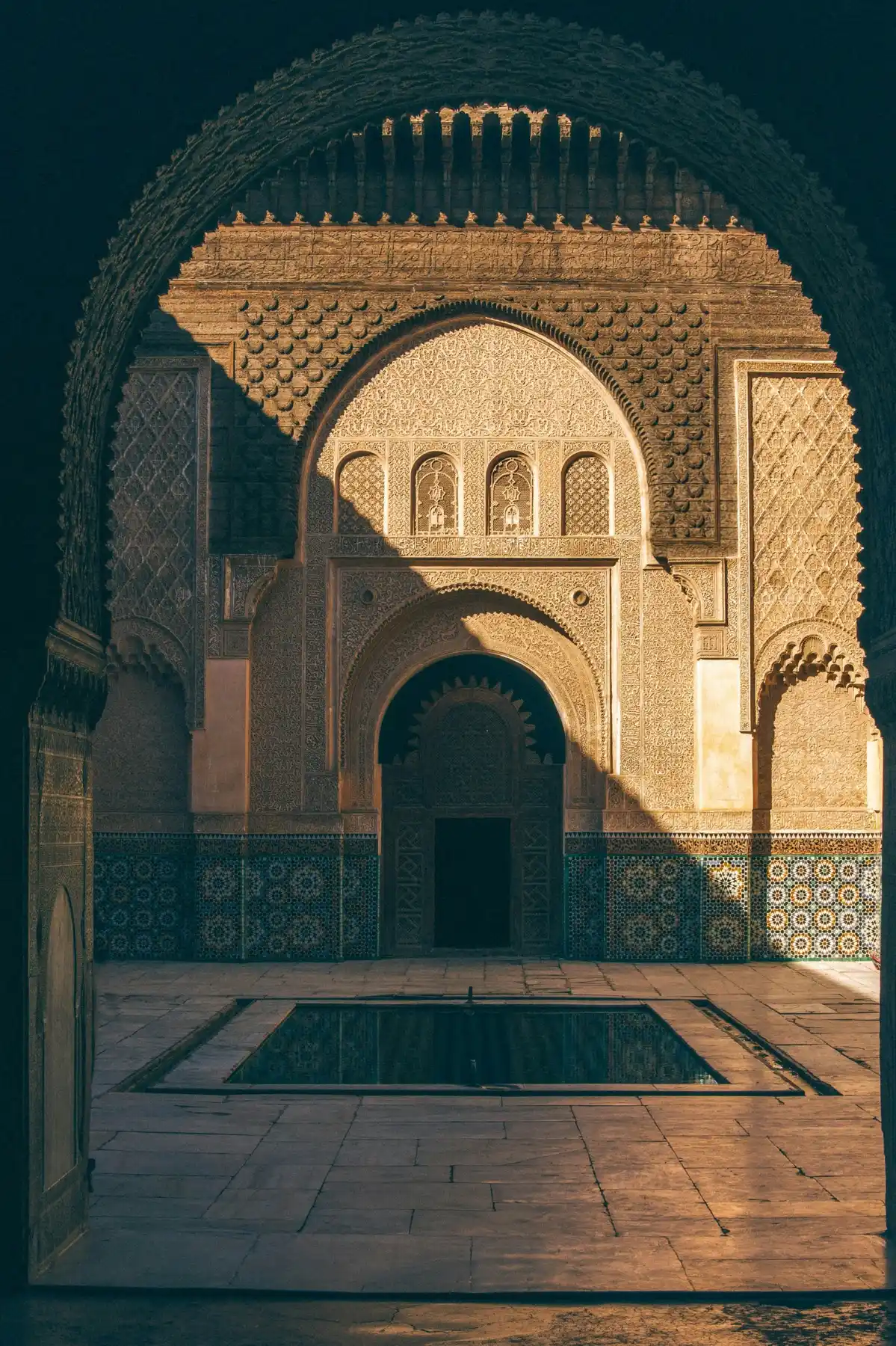 Intricate courtyard of the Ben Youssef Madrasa