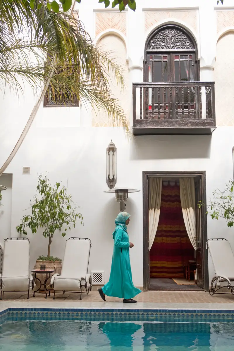 Luxury accommodation in Marrakech with a swimming pool at sunset