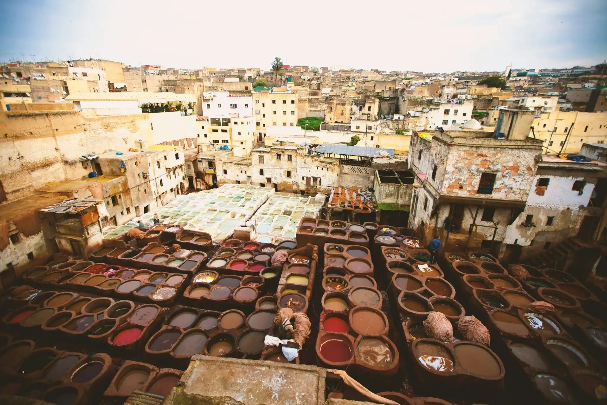 Colorful dye vats of the Chouara tanneries in Fez, Morocco