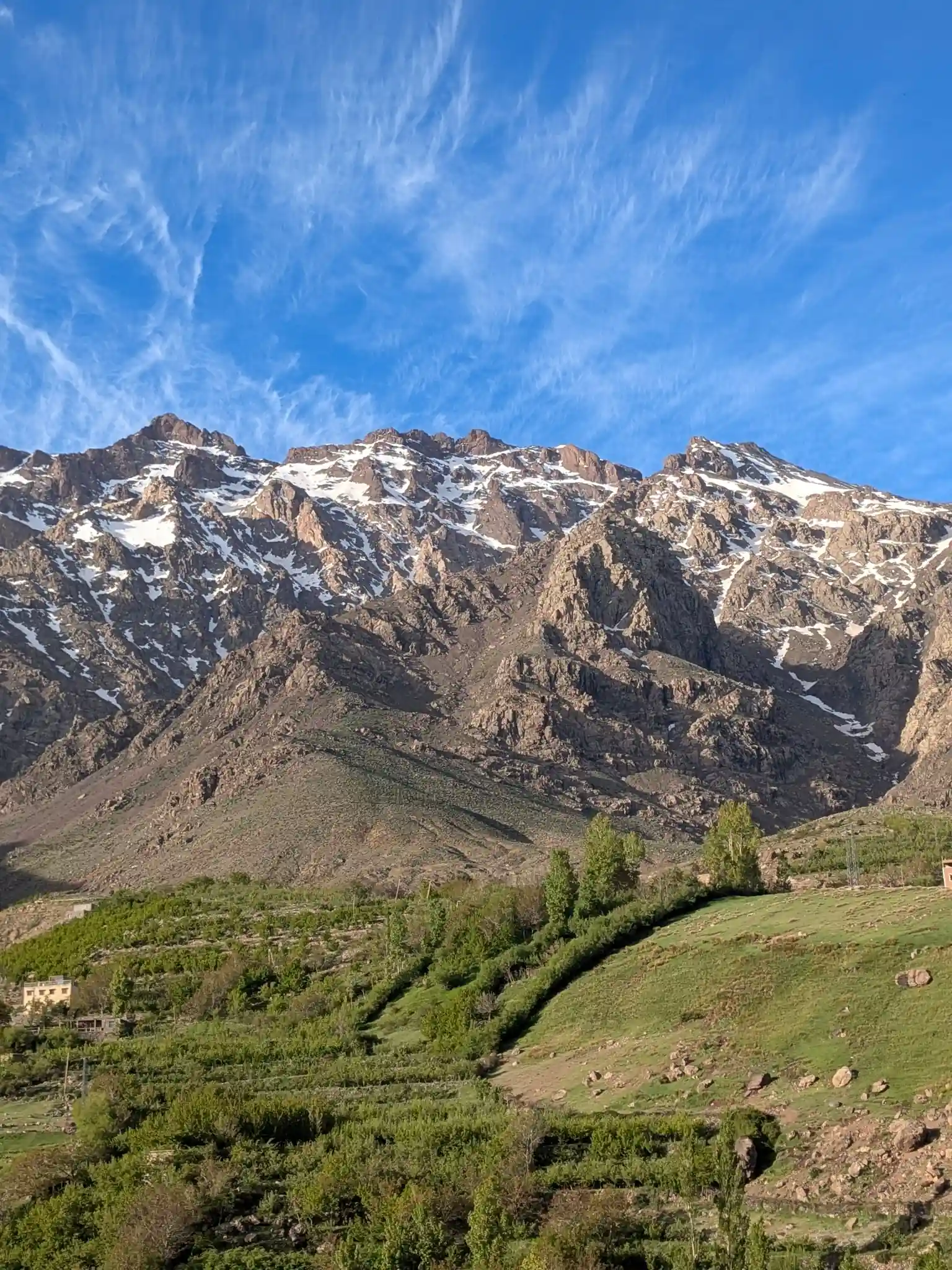 Stone mule trail winding through walnut trees above Imlil